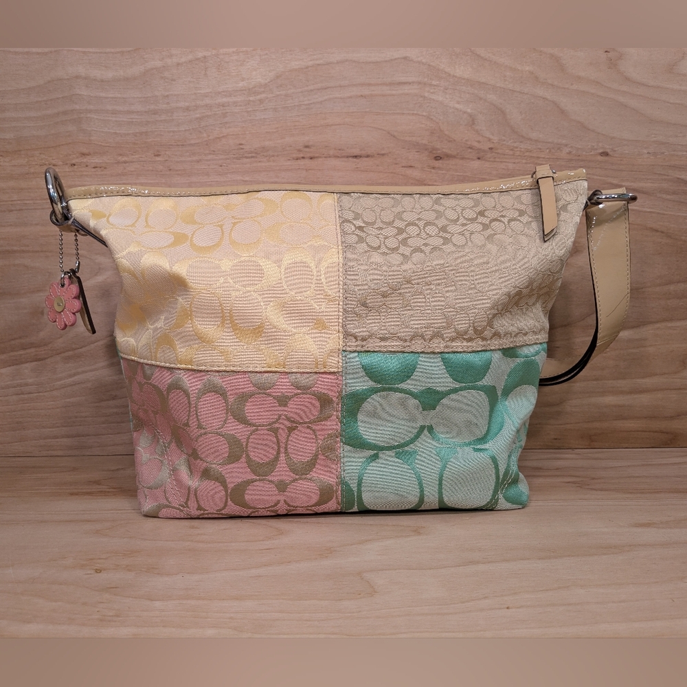 Authentic Coach Signature Pastel Colorblock Canvas F14900 Slouch Crossbody Purse
